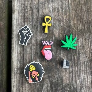 Croc Pins Jibbitz Lot 6 Pc Shoe Charms Black Power Ankh Cannabis WAP Afro Queen